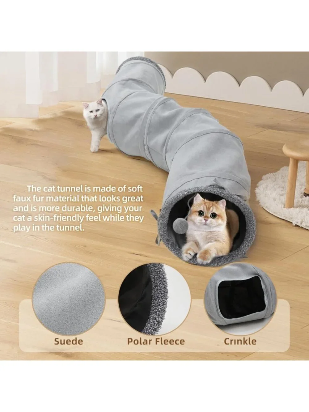 Collapsible 2-Way Cat Tunnel Tube with Peephole & Hanging Ball - Fun Maze for